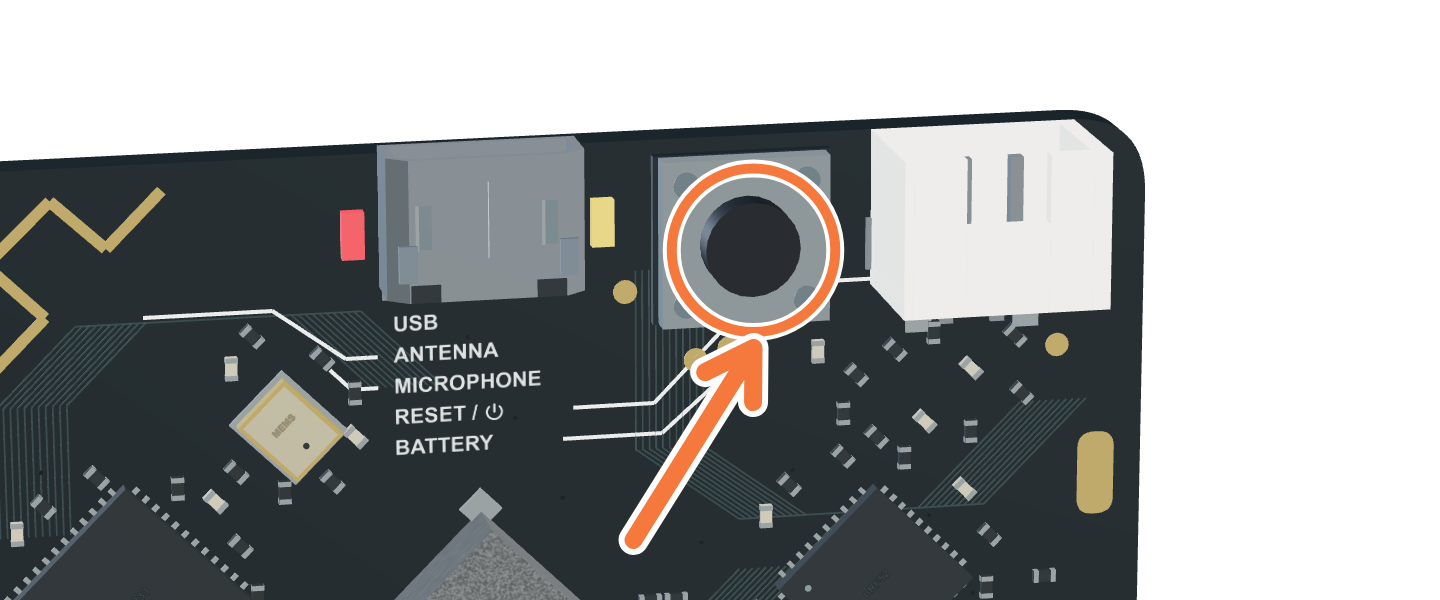 micro:bit V2 뒷면의 USB 포트와 배터리 잭 주변 확대 그림. 두 단자 사이의 리셋 버튼을 화살표로 표시